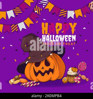text Happy Halloween and trick or treat flag garlands a pumpkin in a witch hat and candy Stock Vector