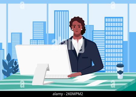 African American Woman Work in Office with City Building Background. Professional Worker in Suit Typing in Front of Computer PC or Desktop Stock Vector