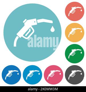 Gasoline pump fuel nozzle solid flat white icons on round color backgrounds Stock Vector