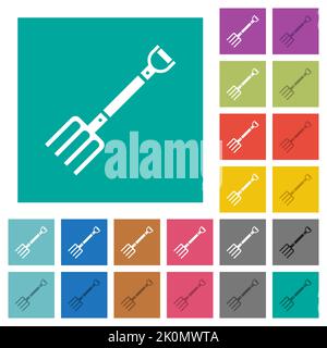 Pitchfork multi colored flat icons on plain square backgrounds. Included white and darker icon variations for hover or active effects. Stock Vector