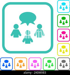Three talking persons with oval bubble solid vivid colored flat icons in curved borders on white background Stock Vector