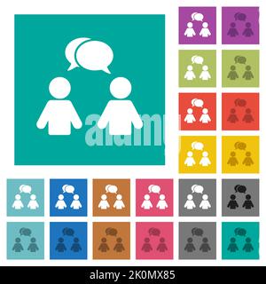 Two talking persons with oval bubbles solid multi colored flat icons on plain square backgrounds. Included white and darker icon variations for hover Stock Vector