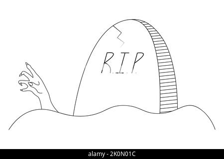 The dead man's hand reaches out from under the gravestone. Inscription - Rest in Peace. Gnarled fingers with sharp nails. Sketch. Vector illustration. Stock Vector