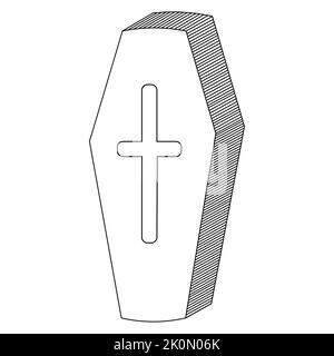 Coffin. Vampire sarcophagus. Vector illustration. Outline on an isolated white background. Doodle style. Sketch. Cross-shaped emblem on the lid. Stock Vector