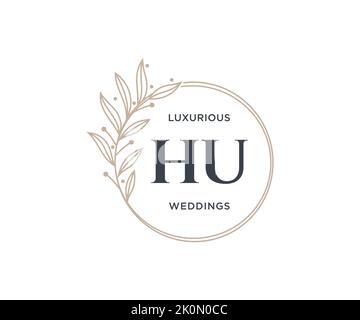 HU Initials letter Wedding monogram logos template, hand drawn modern minimalistic and floral templates for Invitation cards, Save the Date, elegant Stock Vector