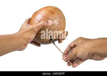 A man holding a traditional clay bank and trying to get coins from it with a stick. An idea or creative concept image for financial crises, debt, loan Stock Photo