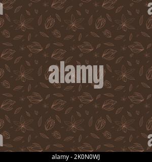 Brown Seamless pattern with Outlined hand drawind geometrical blossoming flower. Ylang-Ilang textile vector print Stock Vector