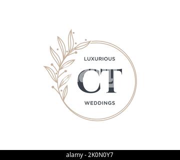 CT Initials letter Wedding monogram logos template, hand drawn modern minimalistic and floral templates for Invitation cards, Save the Date, elegant Stock Vector