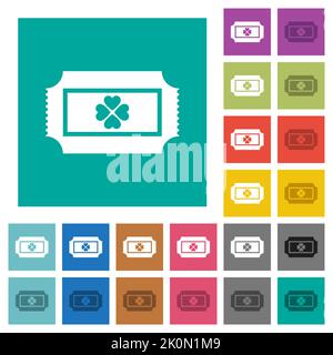Lottery ticket multi colored flat icons on plain square backgrounds. Included white and darker icon variations for hover or active effects. Stock Vector