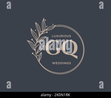 GQ Initials letter Wedding monogram logos template, hand drawn modern minimalistic and floral templates for Invitation cards, Save the Date, elegant Stock Vector