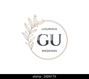 GU Initials letter Wedding monogram logos template, hand drawn modern minimalistic and floral templates for Invitation cards, Save the Date, elegant Stock Vector