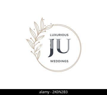 JU Initials letter Wedding monogram logos template, hand drawn modern minimalistic and floral templates for Invitation cards, Save the Date, elegant Stock Vector