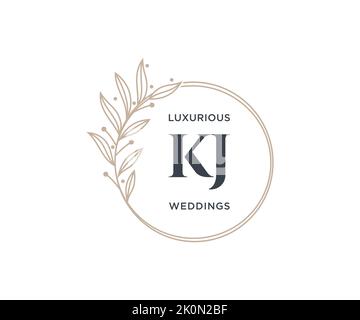 KJ Initials letter Wedding monogram logos template, hand drawn modern minimalistic and floral templates for Invitation cards, Save the Date, elegant Stock Vector