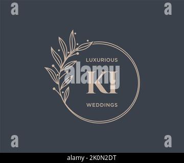 KI Initials letter Wedding monogram logos template, hand drawn modern minimalistic and floral templates for Invitation cards, Save the Date, elegant Stock Vector