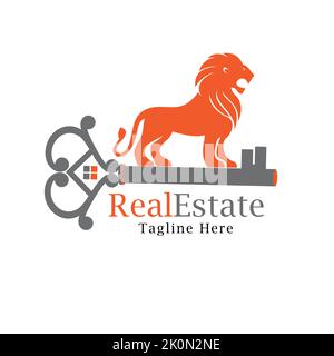 real estate logo with house lion and key elements, property logo ,lion kingdom logo Stock Vector