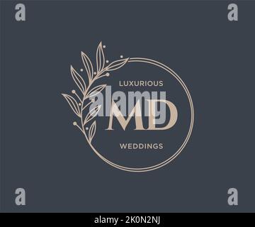 MD Initials letter Wedding monogram logos template, hand drawn modern minimalistic and floral templates for Invitation cards, Save the Date, elegant Stock Vector