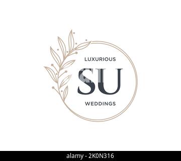 SU Initials letter Wedding monogram logos template, hand drawn modern minimalistic and floral templates for Invitation cards, Save the Date, elegant Stock Vector