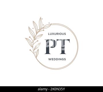 PT Initials letter Wedding monogram logos template, hand drawn modern minimalistic and floral templates for Invitation cards, Save the Date, elegant Stock Vector