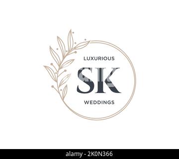 SK Initials letter Wedding monogram logos template, hand drawn modern minimalistic and floral templates for Invitation cards, Save the Date, elegant Stock Vector