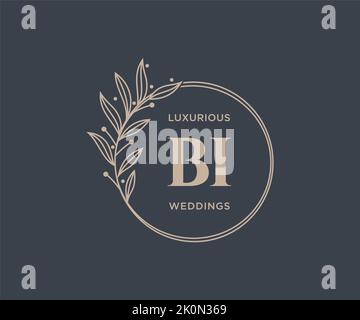 BI Initials letter Wedding monogram logos template, hand drawn modern minimalistic and floral templates for Invitation cards, Save the Date, elegant Stock Vector