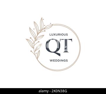 QT Initials letter Wedding monogram logos template, hand drawn modern minimalistic and floral templates for Invitation cards, Save the Date, elegant Stock Vector