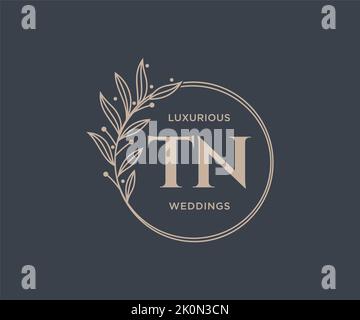 TN Initials letter Wedding monogram logos template, hand drawn modern minimalistic and floral templates for Invitation cards, Save the Date, elegant Stock Vector