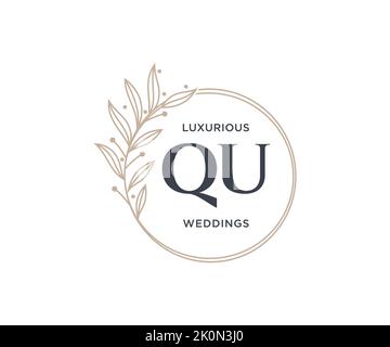 QU Initials letter Wedding monogram logos template, hand drawn modern minimalistic and floral templates for Invitation cards, Save the Date, elegant Stock Vector