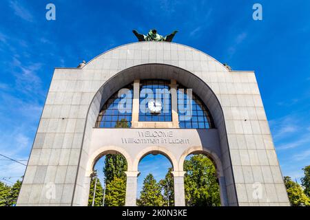 Welcome archway (Torbogen Luzern) at the Luzern railway station, Lucerne, Switzerland Stock Photo