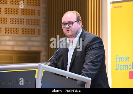 Hamburg, Germany. 12th Sep, 2022. FDP members hold up voting cards at ...