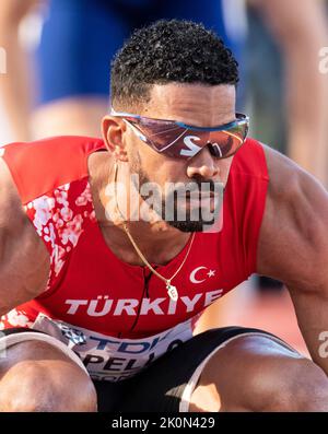 Yasmani Copello of Turkey competing in the men’s 400m hurdles at the World Athletics Championships, Hayward Field, Eugene, Oregon USA on the 17th July Stock Photo