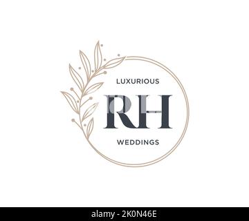 RH Initials letter Wedding monogram logos template, hand drawn modern minimalistic and floral templates for Invitation cards, Save the Date, elegant Stock Vector
