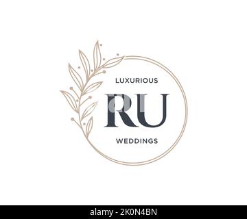 RU Initials letter Wedding monogram logos template, hand drawn modern minimalistic and floral templates for Invitation cards, Save the Date, elegant Stock Vector