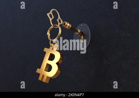 Old golden key with a bitcoin key holder put into a rusty metallic door. The concept of the key to successful investment in cryptocurrencies Stock Photo