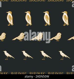 Striped birding seamless pattern. Birds and word Birding in a row on black background. Stock Vector