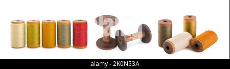 Old thread spools  isolated on white background Stock Photo