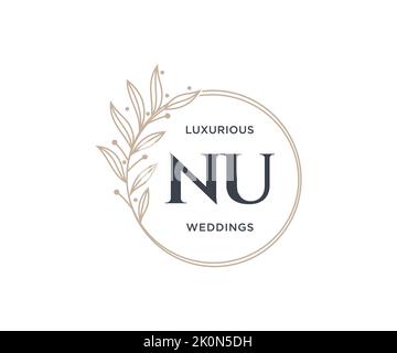 NU Initials letter Wedding monogram logos template, hand drawn modern minimalistic and floral templates for Invitation cards, Save the Date, elegant Stock Vector