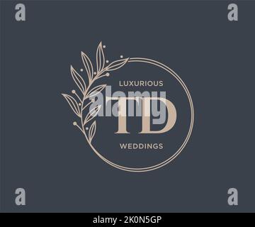 TD Initials letter Wedding monogram logos template, hand drawn modern minimalistic and floral templates for Invitation cards, Save the Date, elegant Stock Vector