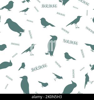 Birding seamless pattern. Birds silhouettes and word Birding. Stock Vector
