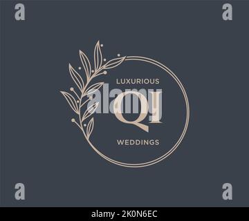 QI Initials letter Wedding monogram logos template, hand drawn modern minimalistic and floral templates for Invitation cards, Save the Date, elegant Stock Vector