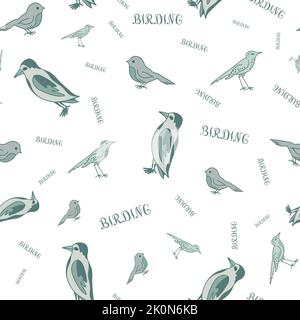 Monochromatic birding seamless pattern. Birds and word Birding. Stock Vector