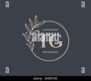 TG Initials letter Wedding monogram logos template, hand drawn modern minimalistic and floral templates for Invitation cards, Save the Date, elegant Stock Vector