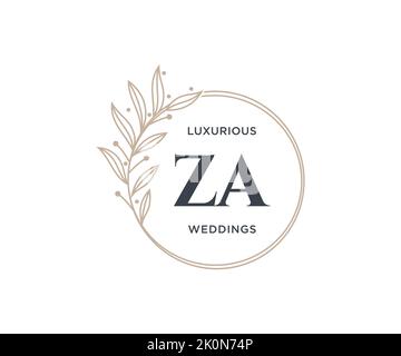 ZA Initials letter Wedding monogram logos template, hand drawn modern minimalistic and floral templates for Invitation cards, Save the Date, elegant Stock Vector