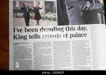 'I've been dreading this day, King tells crowds at palace' King Charles Camilla at Buckingham Palace The Times newspaper headline 10 September 2022 UK Stock Photo