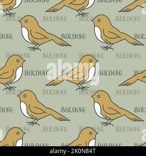 Yellow birds with word Birding on green background. Birdwatching pattern. Stock Vector