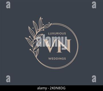 VN Initials letter Wedding monogram logos template, hand drawn modern minimalistic and floral templates for Invitation cards, Save the Date, elegant Stock Vector