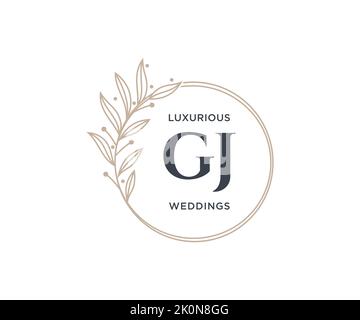 GJ Initials letter Wedding monogram logos template, hand drawn modern minimalistic and floral templates for Invitation cards, Save the Date, elegant Stock Vector