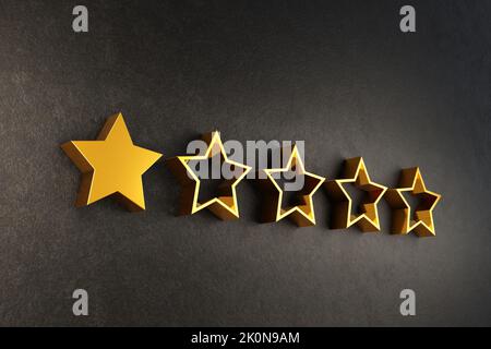 One out of five shiny golden stars on a rusty metallic plate. Illustration of the low rating and poor performance Stock Photo