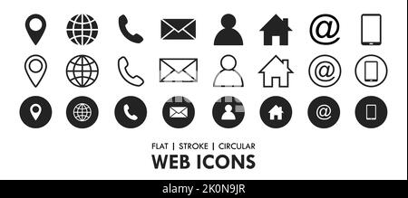 Essential Flat Stroke Circular Web Icon Set Phone Contact Location Button Stock Vector