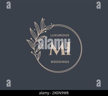 MI Initials letter Wedding monogram logos template, hand drawn modern minimalistic and floral templates for Invitation cards, Save the Date, elegant Stock Vector
