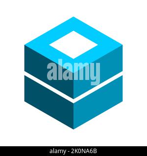 3D cube shape with two halves. Isometric hexagon object. Packaging box concept. Blue block element with two parts and white rectangle at the top. Stock Vector